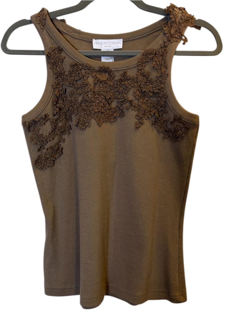 Caroline Constas Women’s Light Brown Lace Appliqué Ribbed Layering Tank sz M